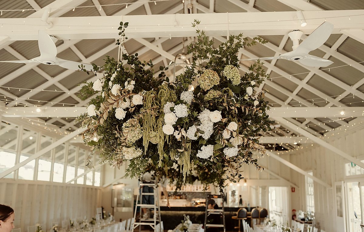 Hanging floral installation at Athol Hall