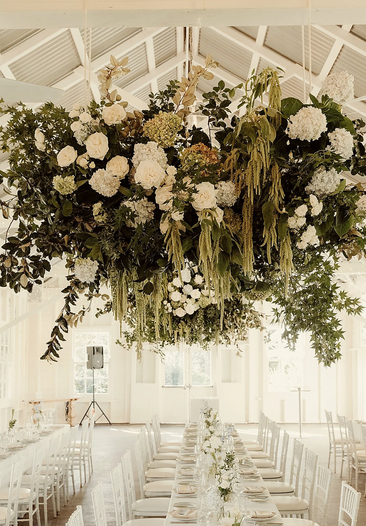 Hanging floral installation at Athol Hall